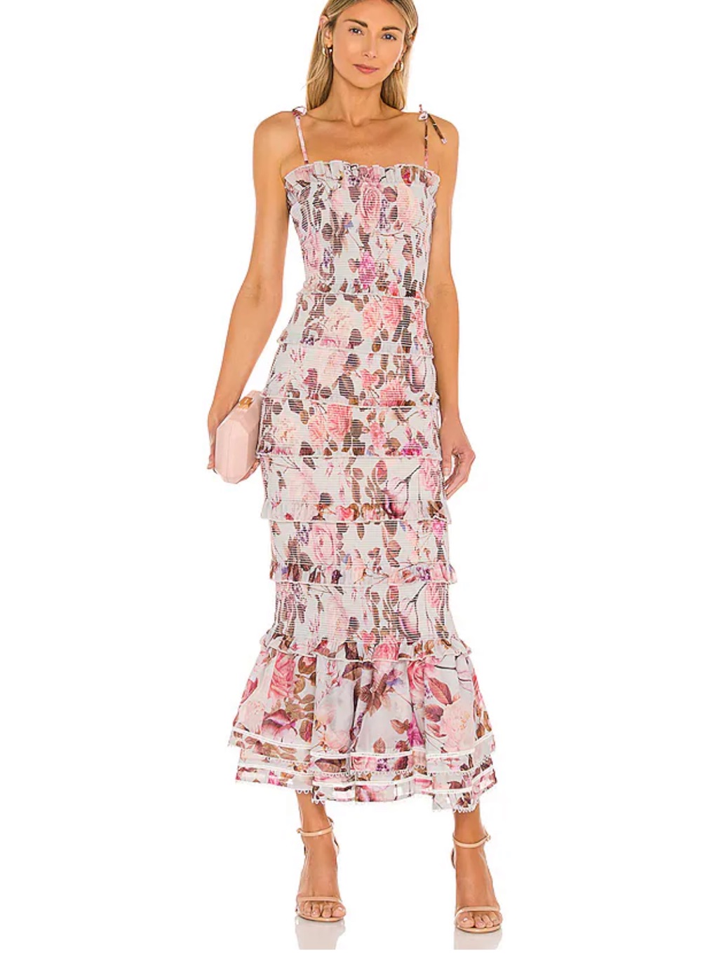 V. Chapman Pink & Cream Floral Tiered Midi Dress